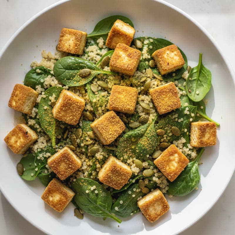 Crispy Tofu and Quinoa Breakfast Bowl with Spinach and Pumpkin Seeds