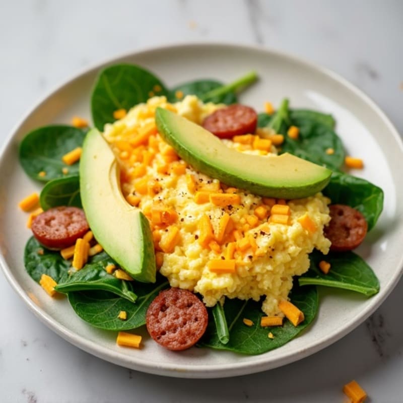 Egg White Scramble with Turkey Sausage, Spinach, and Avocado