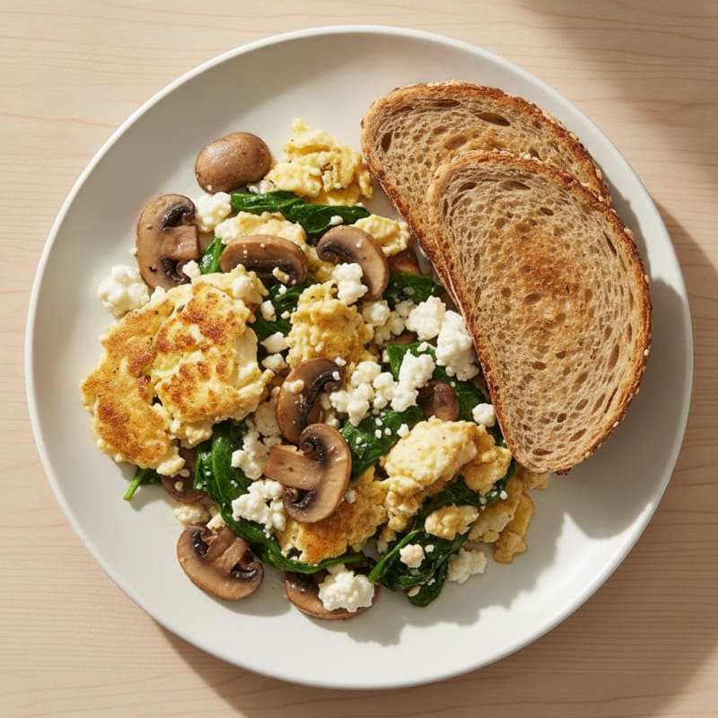 Cottage Cheese Scramble with Spinach and Sautéed Mushrooms