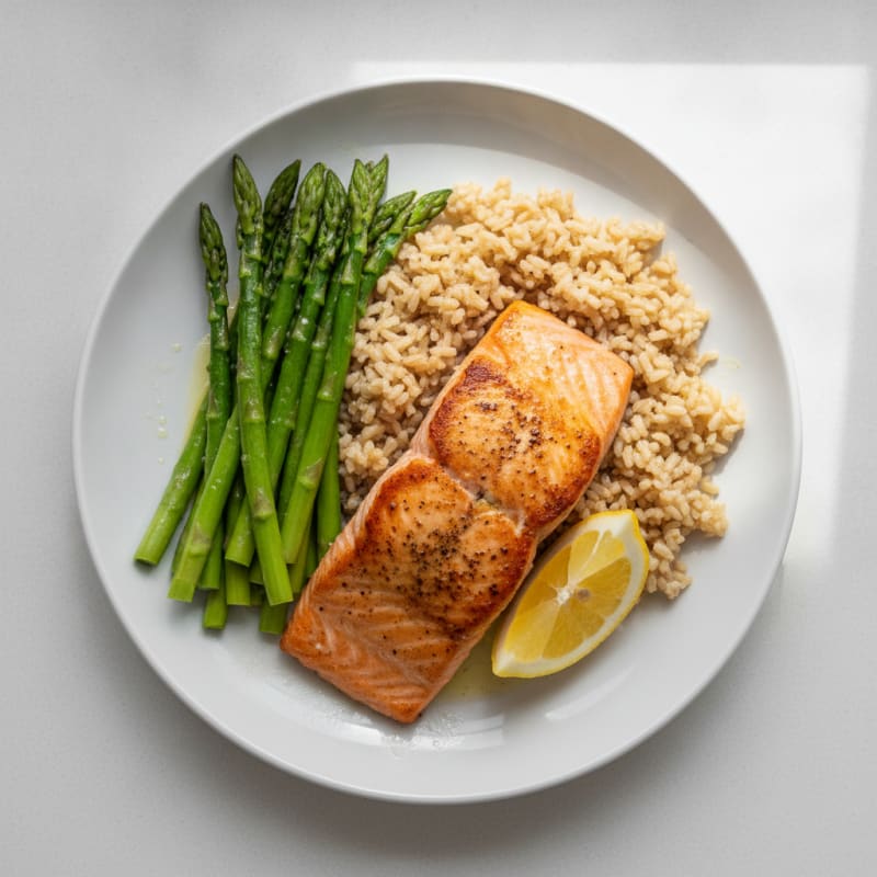 Seared Salmon with Steamed Asparagus and Brown Rice