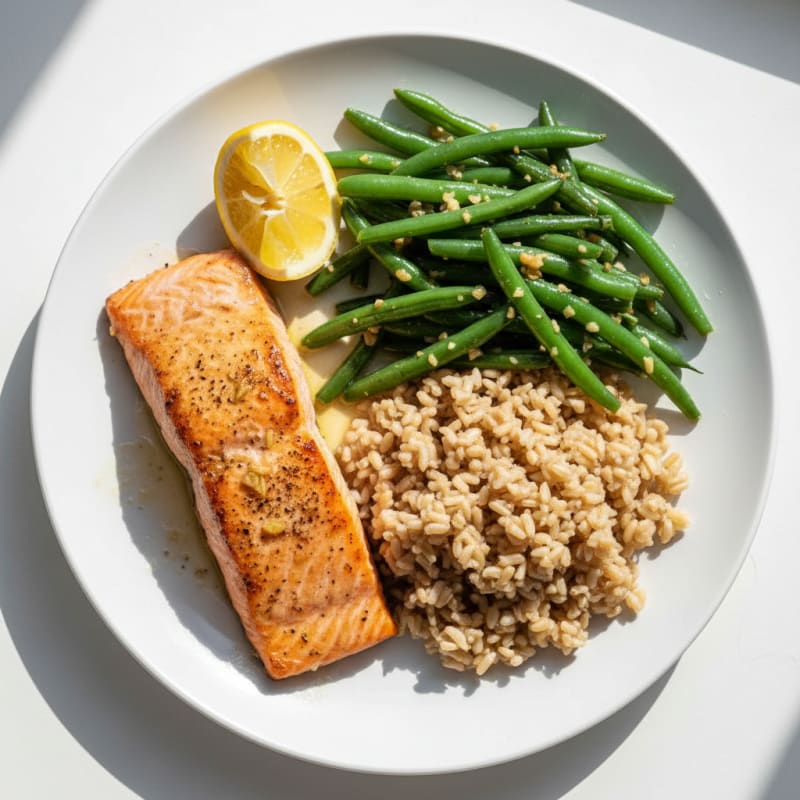 Baked Salmon with Garlic Green Beans and Brown Rice