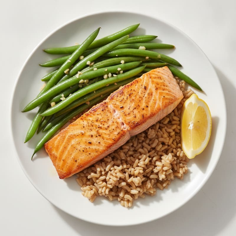 Seared Salmon with Garlic Green Beans and Brown Rice