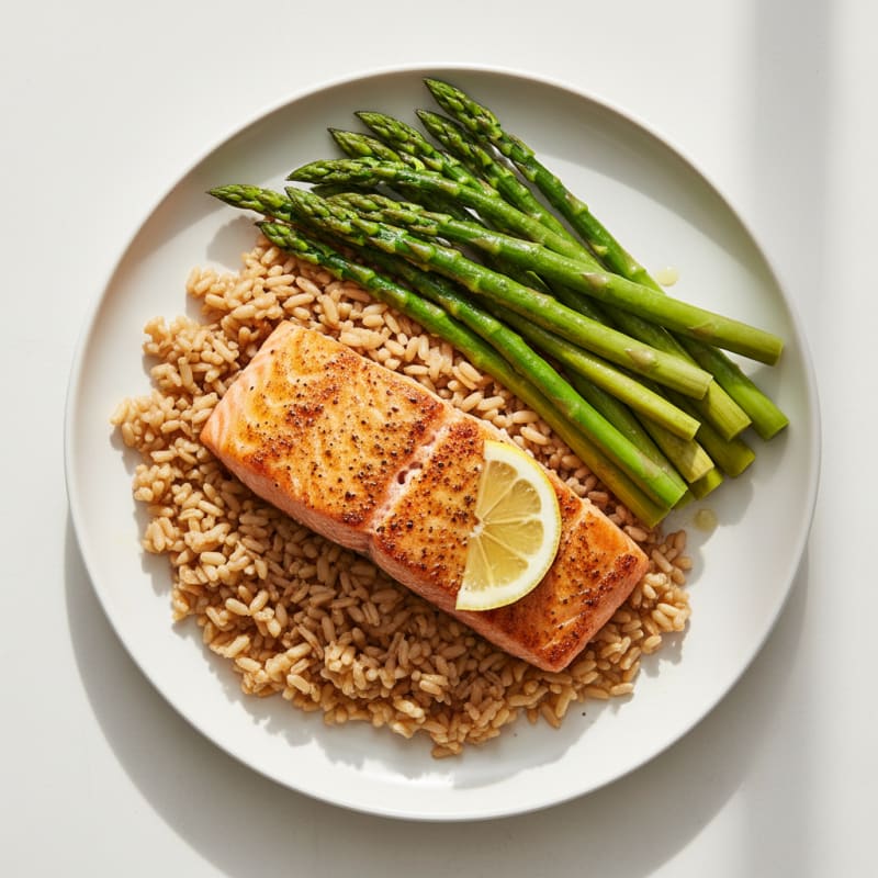 Seared Salmon with Steamed Asparagus and Brown Rice