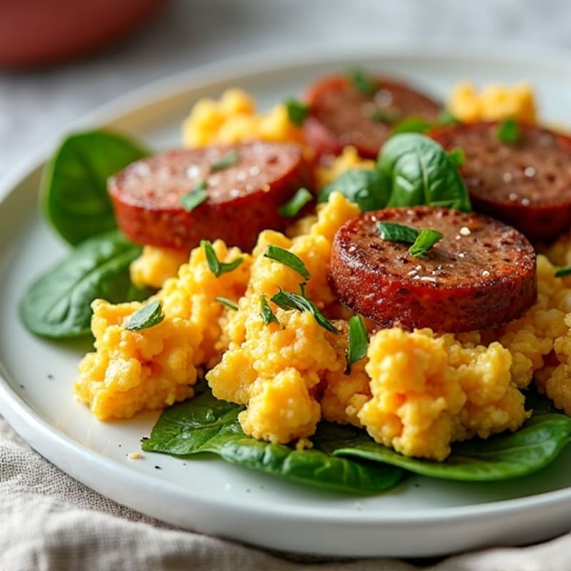 Egg White and Turkey Sausage Scramble with Spinach and Roasted Sweet Potatoes