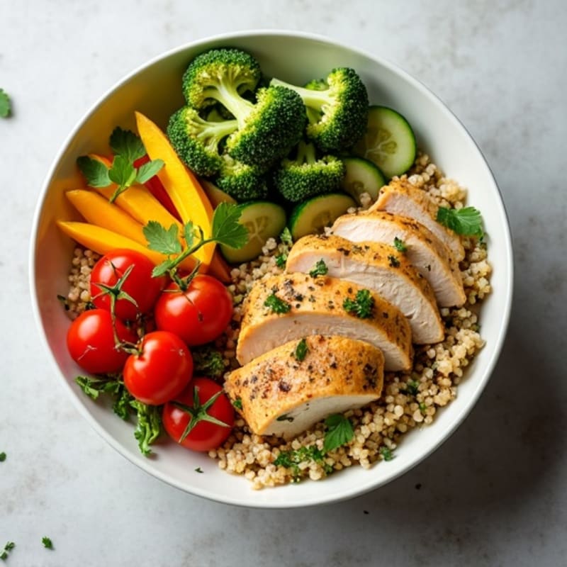 Herb-Marinated Chicken and Quinoa Bowl with Fresh Vegetables