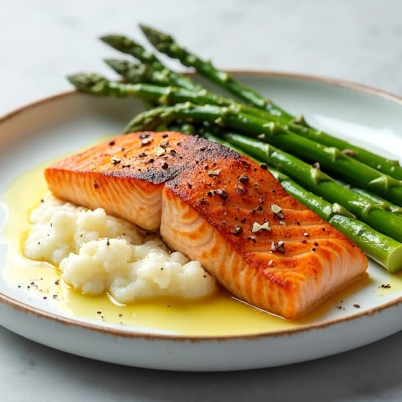 Seared Salmon with Steamed Asparagus and Cauliflower Mash