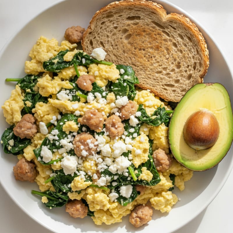 Egg White and Turkey Sausage Scramble with Spinach and Feta