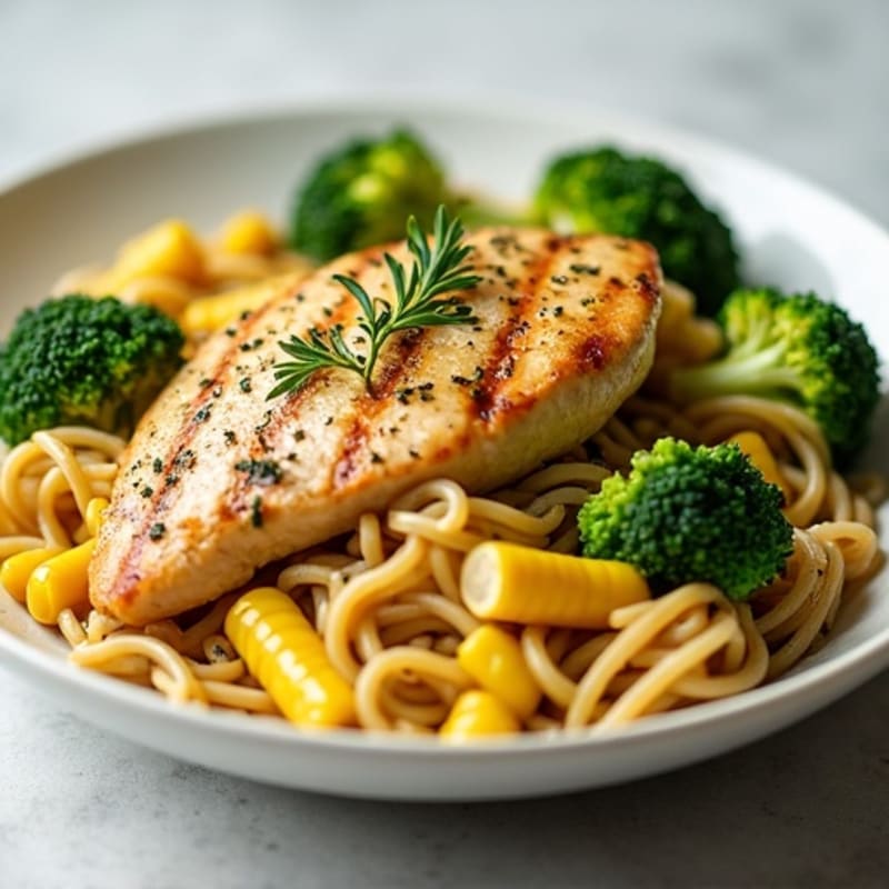 Garlic-Herb Chicken Pasta with Roasted Broccoli and Sweet Corn
