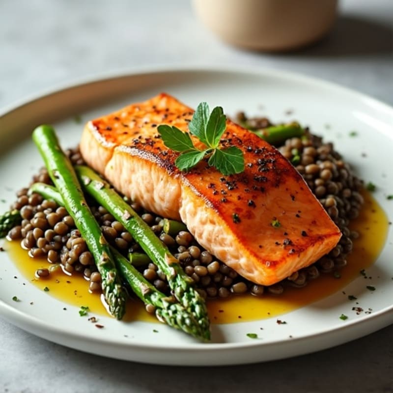 Seared Salmon Fillet with Herbed Lentils and Steamed Asparagus
