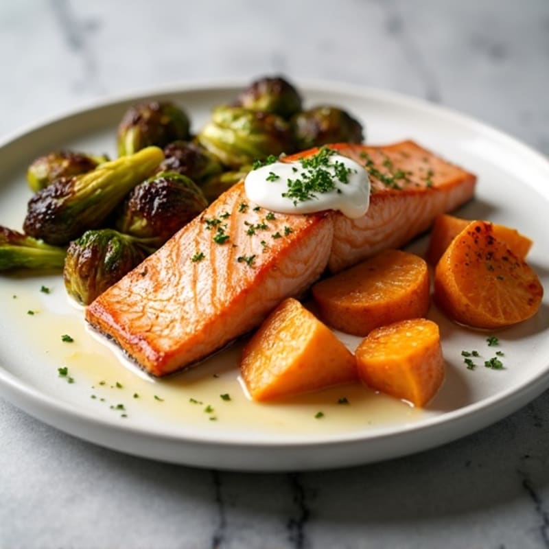 Seared Salmon with Roasted Sweet Potatoes and Charred Brussels Sprouts