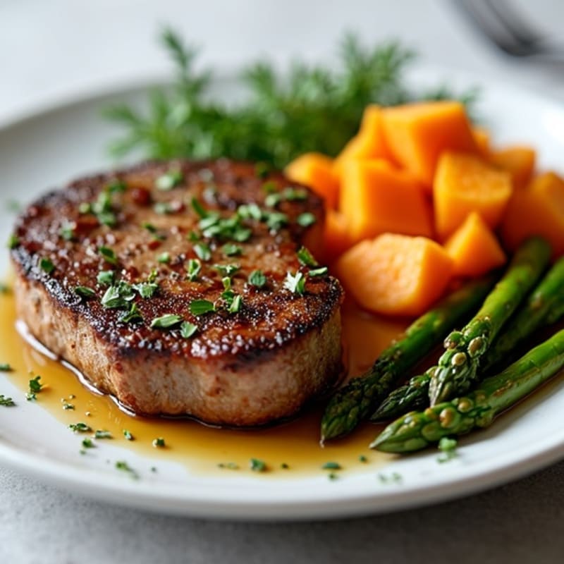 Garlic Herb Pan-Seared Steak with Roasted Asparagus and Sweet Potato