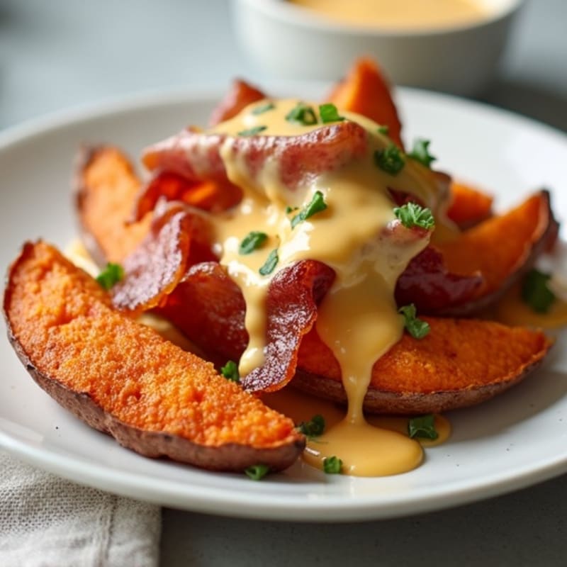 Crispy Roasted Sweet Potato Wedges with Lean Bacon and Creamy Cheesy Sauce