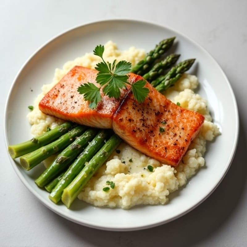 Seared Salmon with Steamed Asparagus and Cauliflower Mash