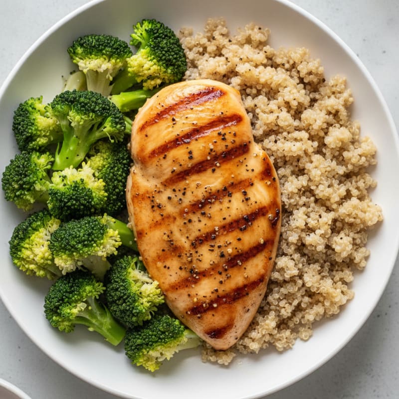 Grilled Lemon Pepper Chicken Breast with Steamed Broccoli and Quinoa