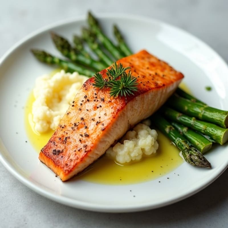 Seared Salmon with Steamed Asparagus and Mashed Cauliflower