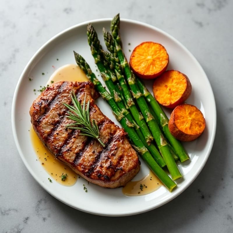 Garlic Herb Steak with Roasted Asparagus and Crispy Sweet Potatoes
