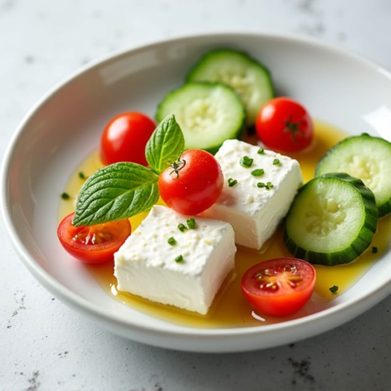 Cottage Cheese with Cucumber Slices and Cherry Tomatoes