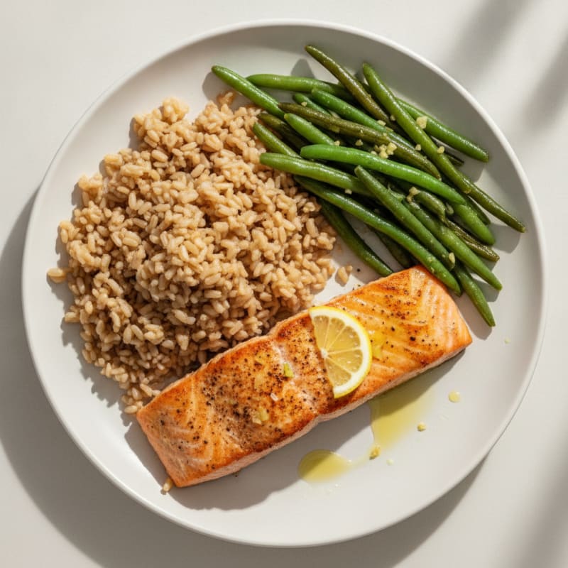 Seared Salmon with Garlic Green Beans and Brown Rice