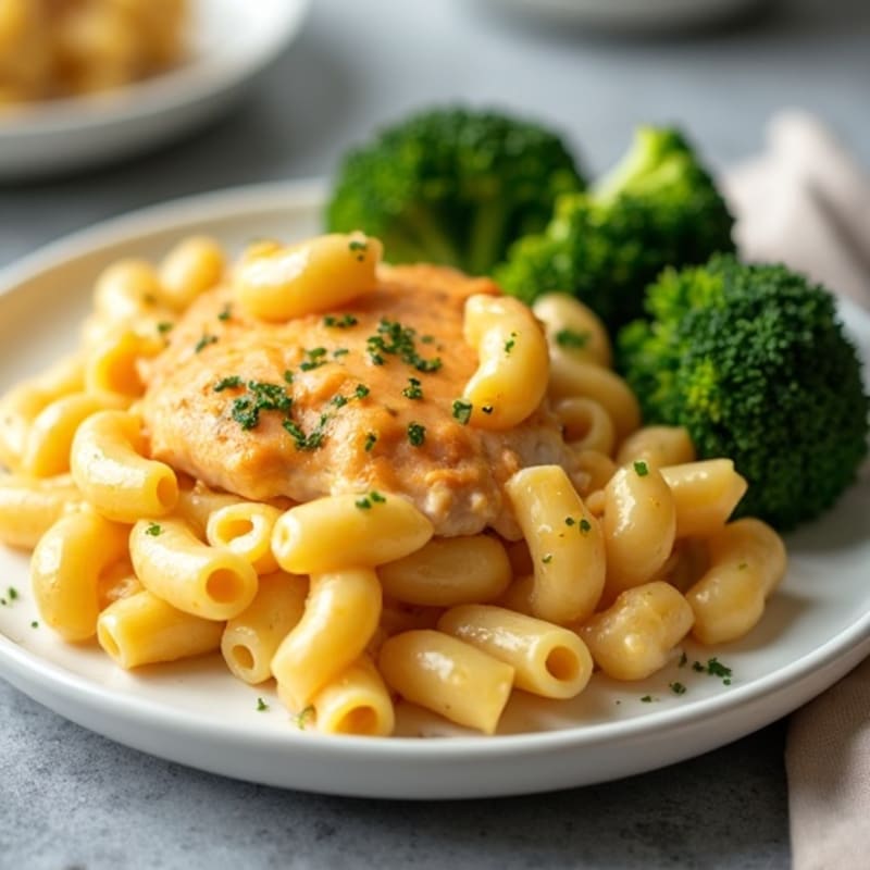 Creamy Baked Chicken Mac and Cheese with Roasted Broccoli