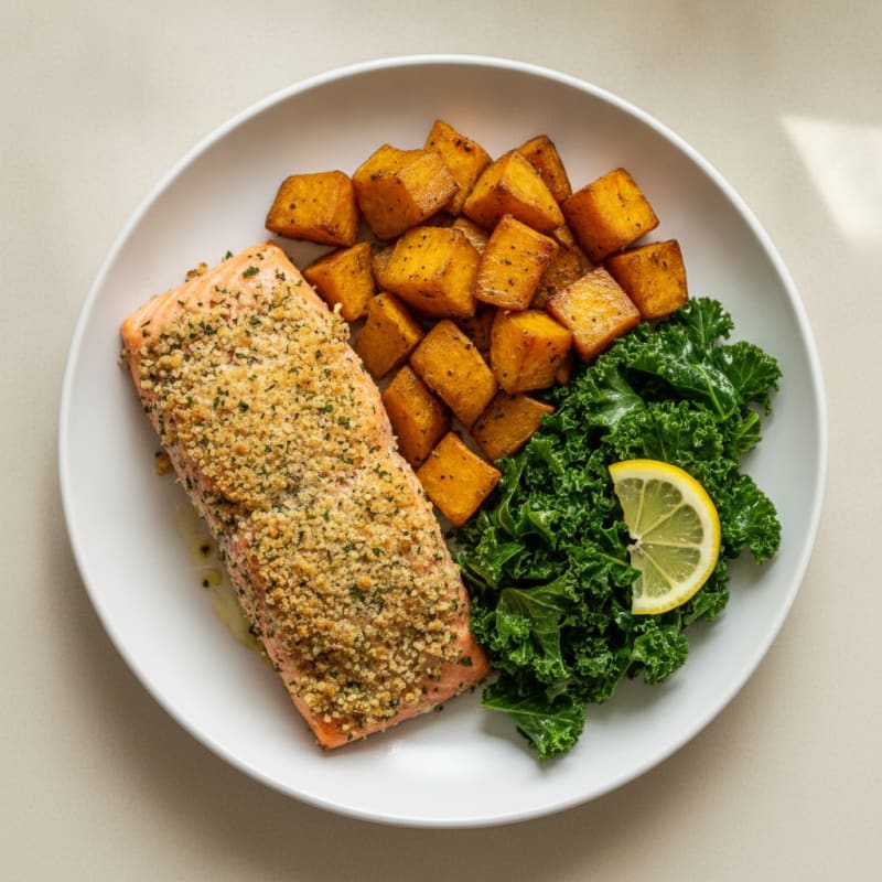 Herb-Crusted Salmon with Roasted Sweet Potatoes
