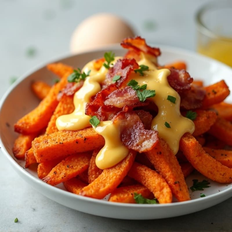 Crispy Roasted Sweet Potato Fries with Smoky Bacon and Creamy Cheddar Sauce