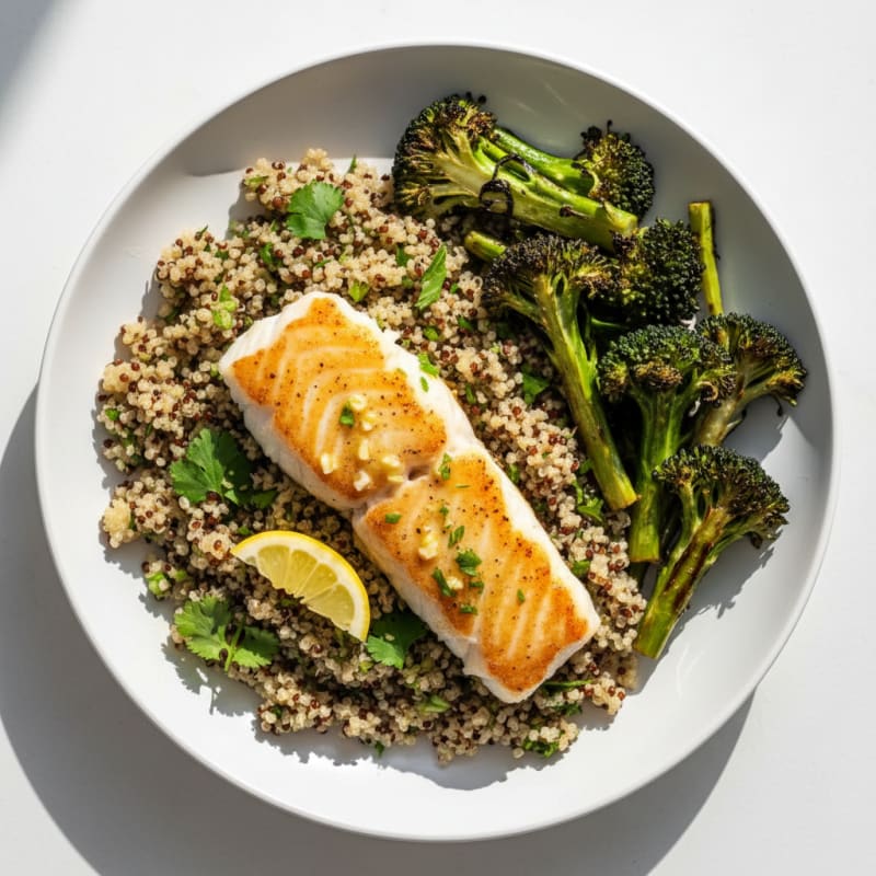 Pan Seared White Fish with Roasted Broccoli and Herb Quinoa