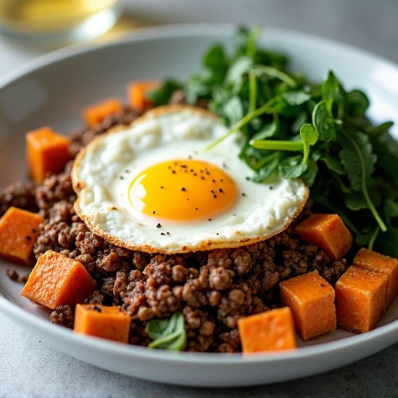 Crispy Ground Beef and Sweet Potato Hash with Fried Eggs and Sautéed Greens