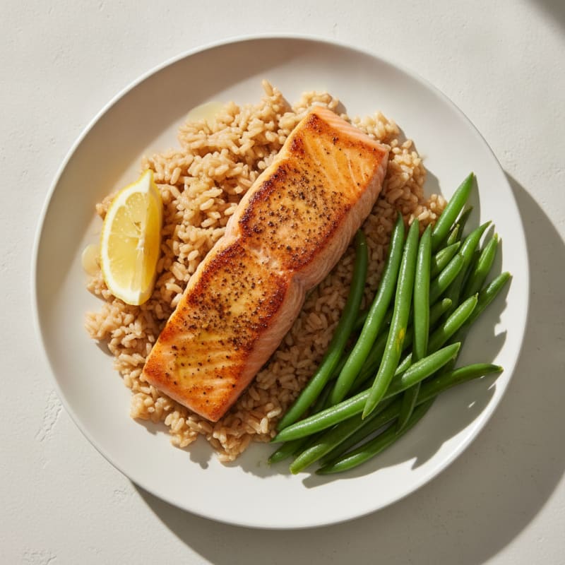 Seared Salmon Fillet with Steamed Green Beans and Brown Rice