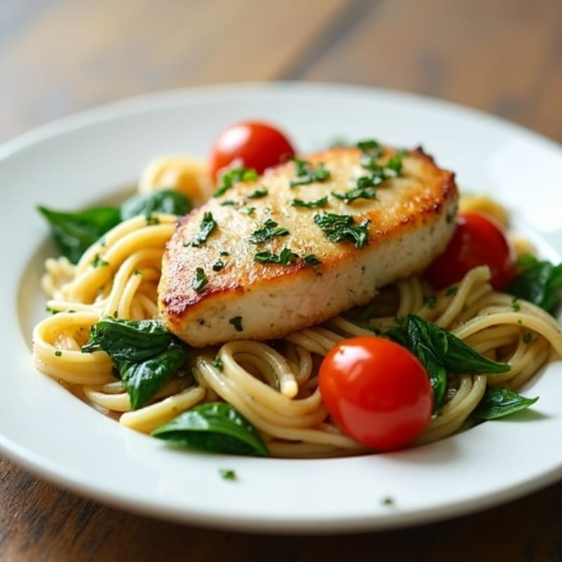 Creamy Pesto Chicken Pasta with Blistered Tomatoes and Spinach