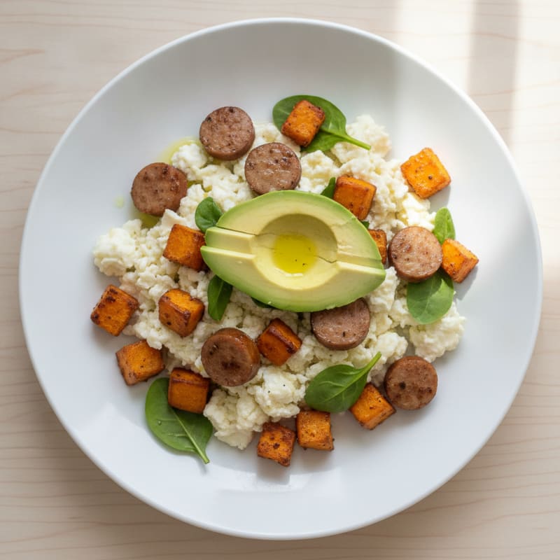 Egg White Scramble with Grilled Turkey Sausage and Roasted Sweet Potatoes