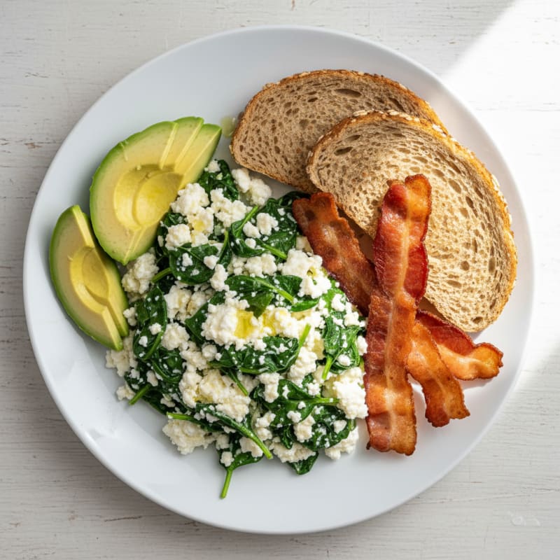 Egg White Spinach Scramble with Cottage Cheese and Turkey Bacon