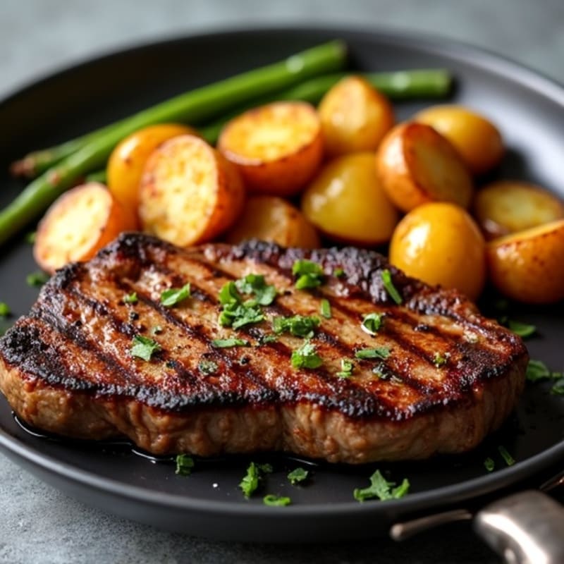 Pan-Seared Steak with Crispy Garlic Roasted Potatoes