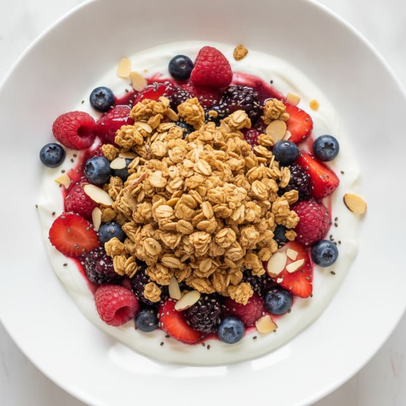 Greek Yogurt Bowl with Mixed Berries and Crunchy Almond Granola