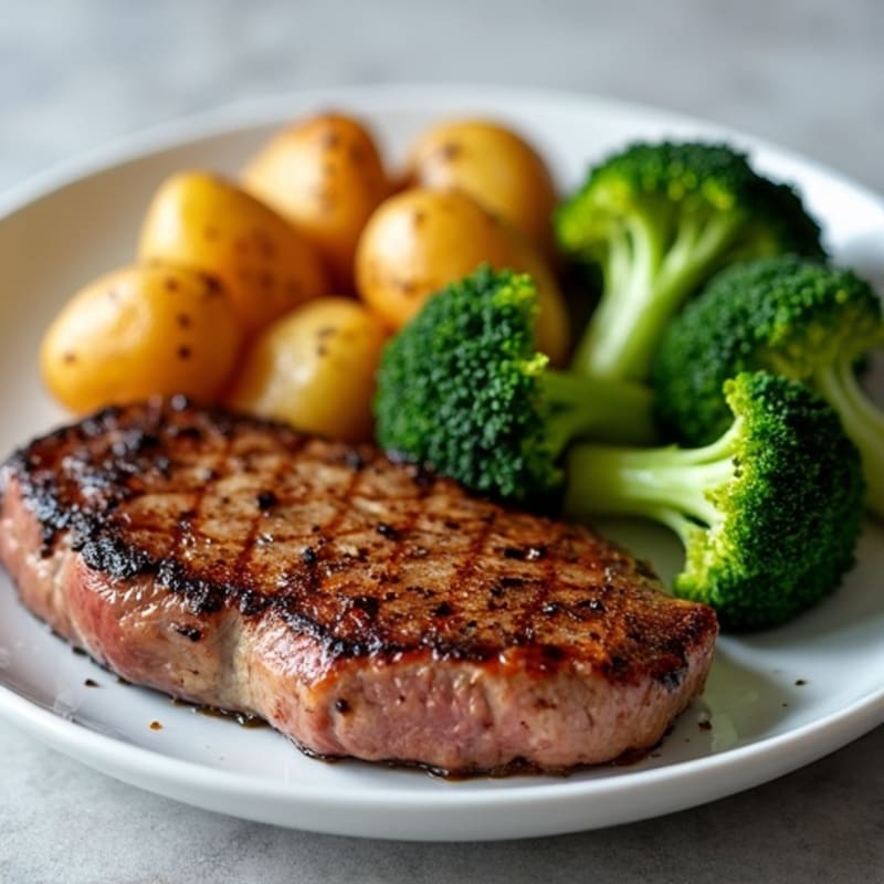 Seared Steak with Roasted Potatoes and Steamed Broccoli