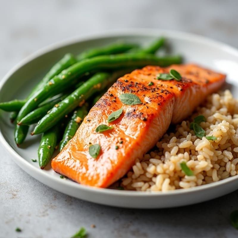 Seared Salmon Fillet with Garlic Green Beans and Brown Rice