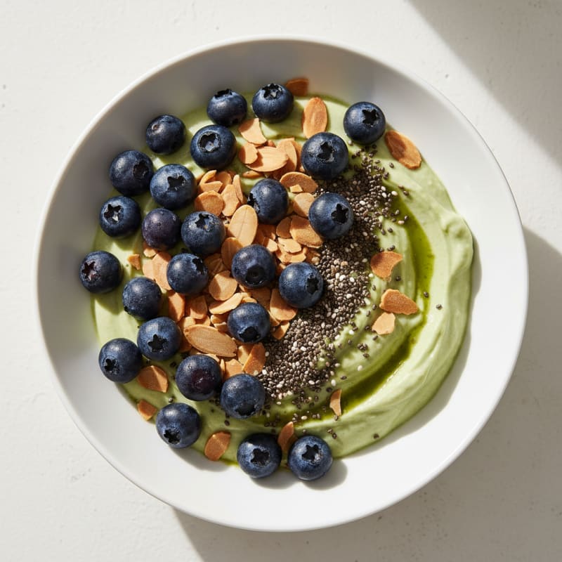 Matcha Greek Yogurt Bowl with Roasted Almonds and Chia Seeds