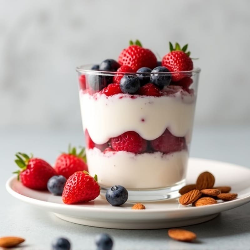 Vanilla Greek Yogurt Protein Parfait with Mixed Berries and Almonds