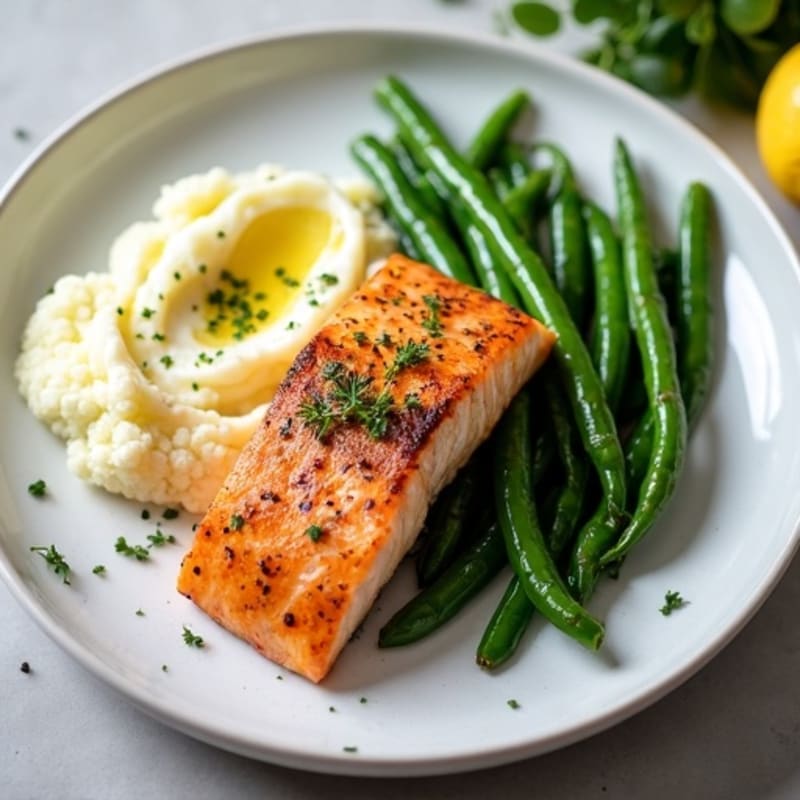 Seared Salmon with Steamed Green Beans and Cauliflower Mash