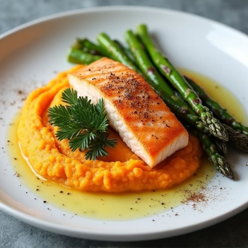 Seared Salmon with Roasted Asparagus and Sweet Potato Mash