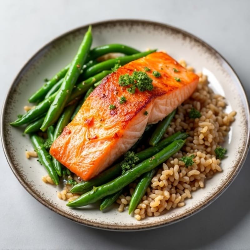 Seared Salmon with Garlic Green Beans and Brown Rice