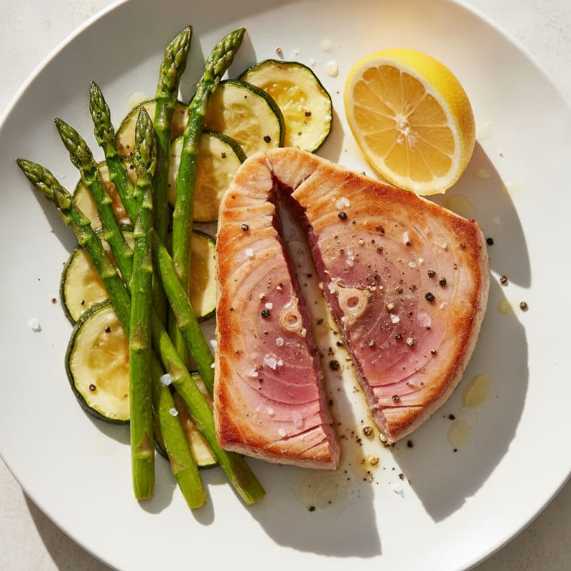 Seared Tuna Steak with Roasted Asparagus and Zucchini