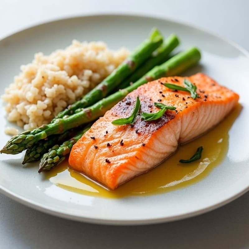 Seared Salmon with Steamed Asparagus and Brown Rice