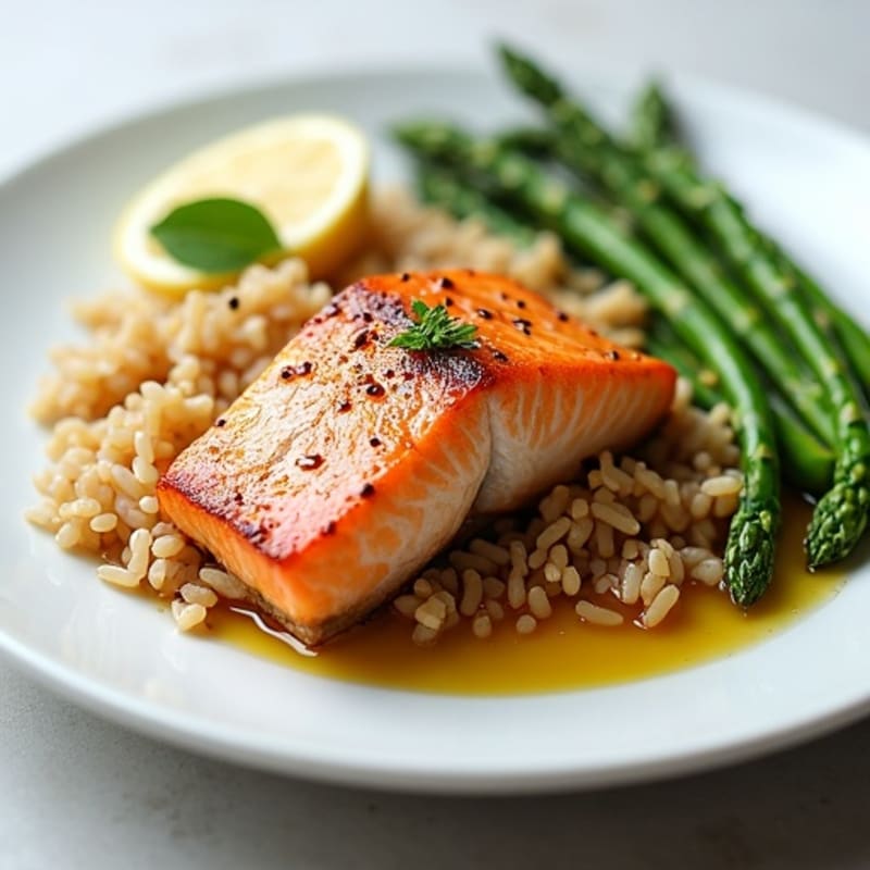 Seared Salmon with Steamed Asparagus and Brown Rice