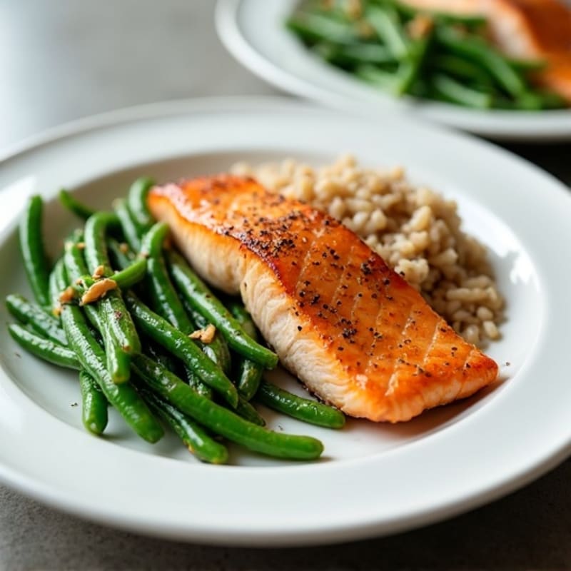 Seared Salmon with Garlic Green Beans and Brown Rice