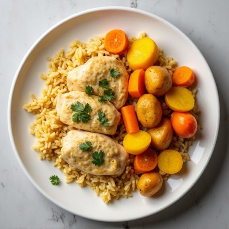 Creamy Coconut Chicken with Yellow Spiced Potatoes, Carrots, and Rice