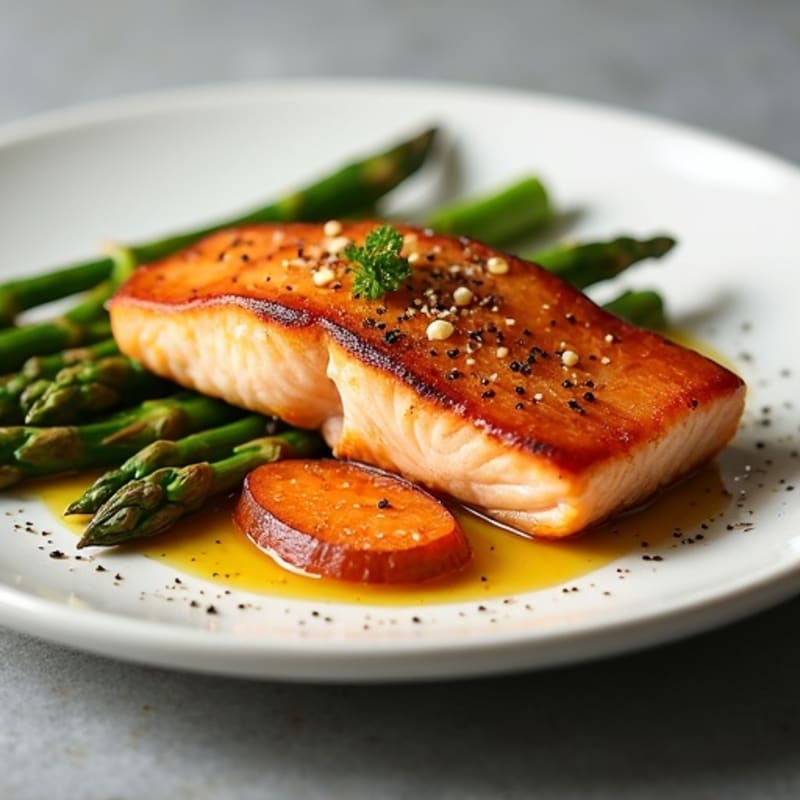 Seared Salmon with Roasted Sweet Potatoes and Asparagus
