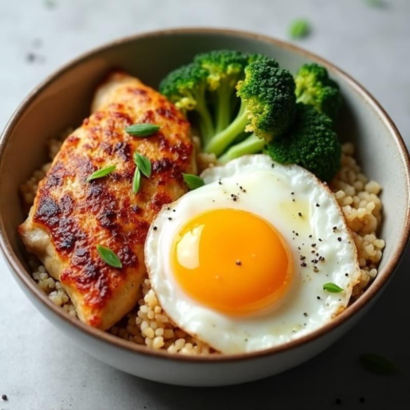 Chicken and Roasted Broccoli Rice Bowl with a Fried Egg