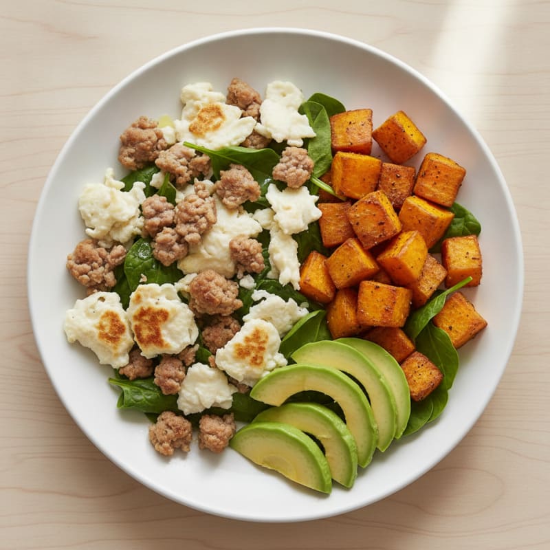 Egg White and Turkey Sausage Scramble with Roasted Sweet Potatoes