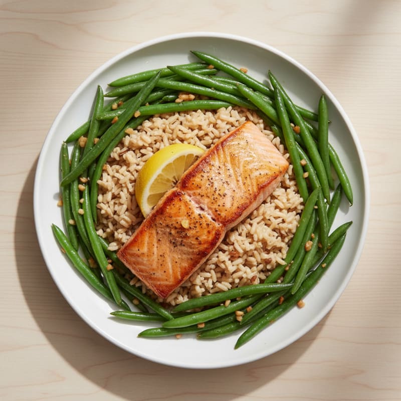 Seared Salmon Fillet with Garlic Green Beans and Brown Rice