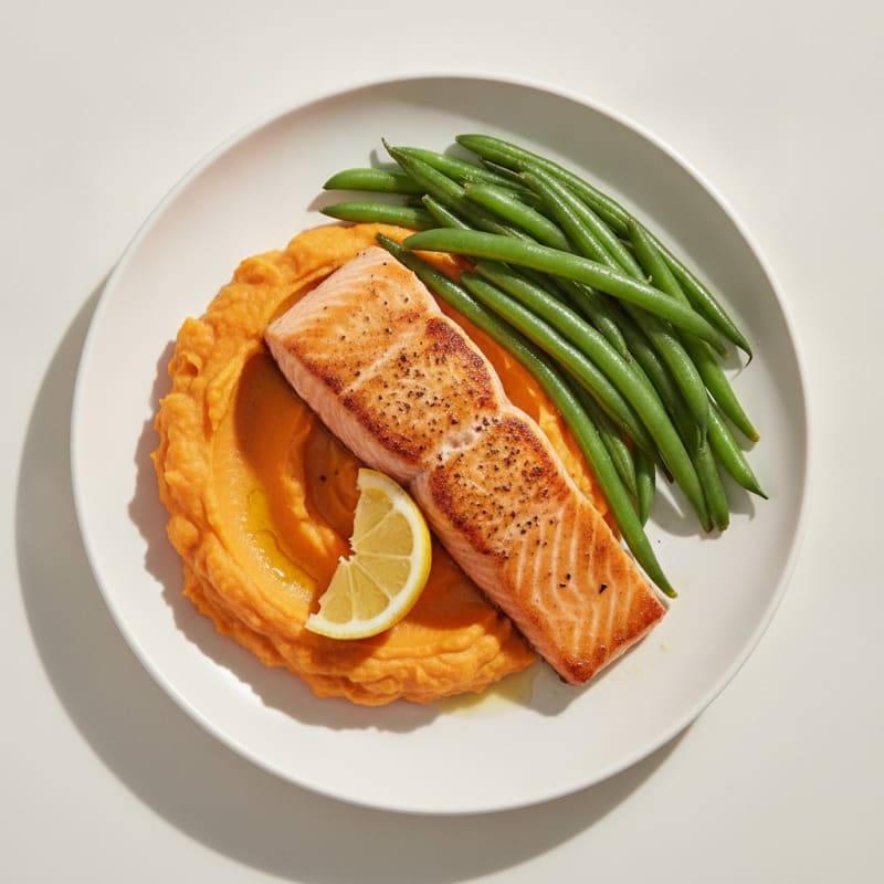 Seared Salmon with Steamed Green Beans and Sweet Potato Mash